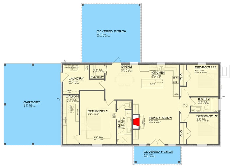 Plan 461053DNN: Three-Bedroom Country Farmhouse House Plan with Attached Carport - Floor Plan - - Country, Craftsman, Farmhouse, Traditional