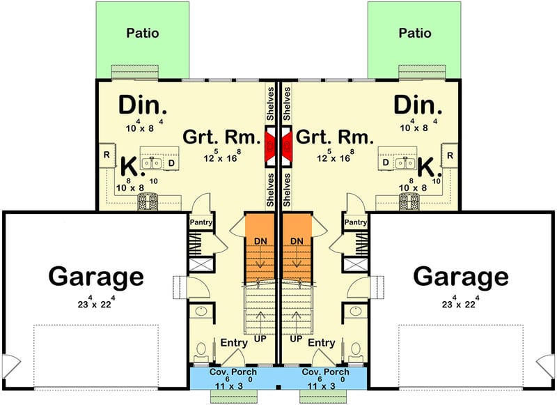 Plan 623674DJ: Modern Farmhouse Duplex House Plan with Three Bedrooms and Attached Garages - Floor Plan -  - Modern Farmhouse, New American