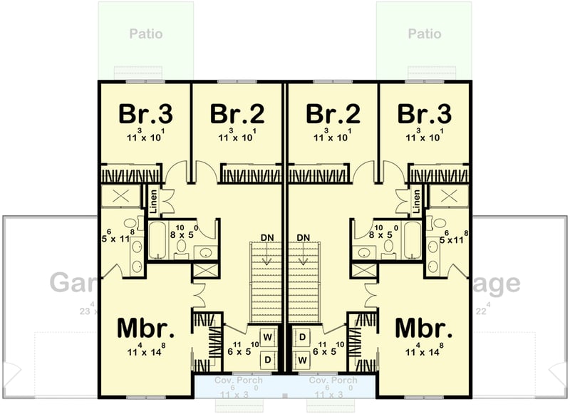 Plan 623674DJ: Modern Farmhouse Duplex House Plan with Three Bedrooms and Attached Garages - Floor Plan -  - Modern Farmhouse, New American