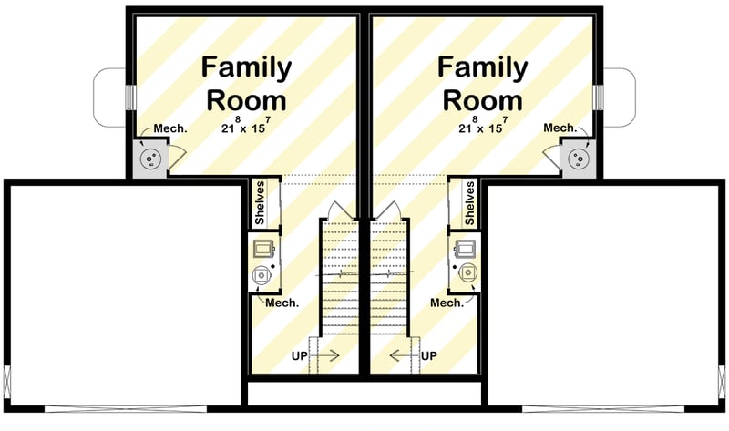 Plan 623674DJ: Modern Farmhouse Duplex House Plan with Three Bedrooms and Attached Garages - Floor Plan -  - Modern Farmhouse, New American