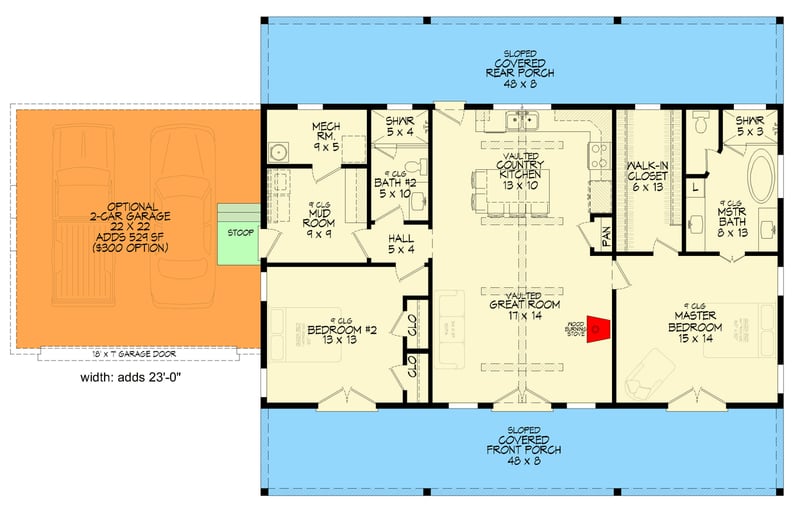 Plan 680707VR: Farmhouse House Plan with Two Bedrooms and Expansive Covered Porches - Floor Plan - - Farmhouse, Traditional