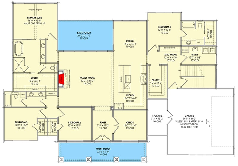 Plan 818222JSS: Modern Farmhouse House Plan with 4 Bedrooms and Attached Garage - Floor Plan - - Country, Hill Country, Modern Farmhouse, Mountain