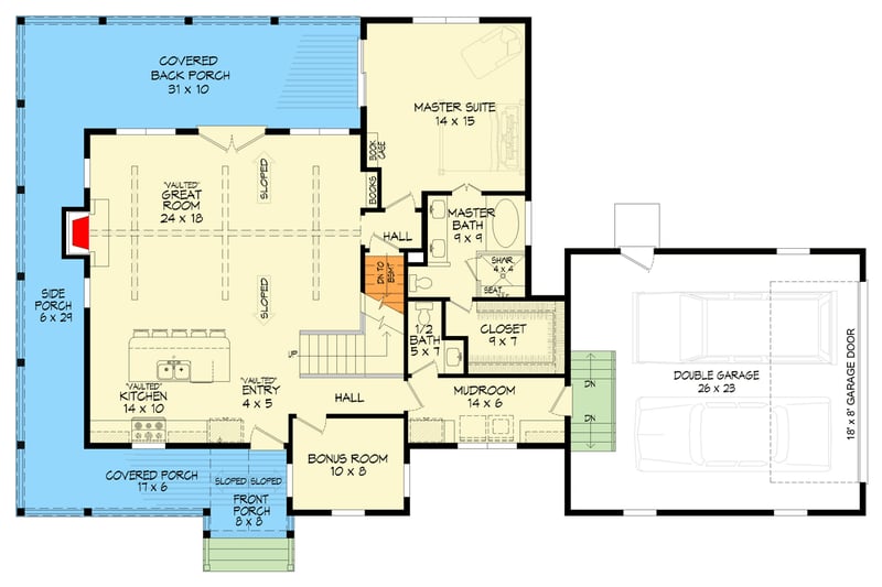 Plan 680708VR: 3 Bedroom Farmhouse House Plan with Expansive Porch and Finished Bonus Room - Floor Plan - Main Level - Craftsman, Farmhouse, New American