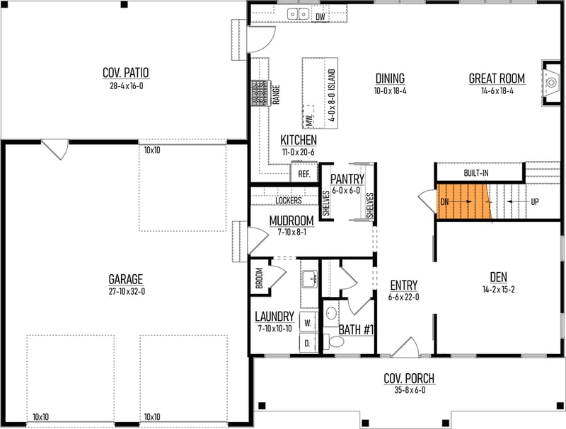 Plan 310008GLH: Modern Farmhouse House Plan with 4 Bedrooms and Attached Garage - Floor Plan - Basement Stairs Location - Country, Farmhouse, Modern Farmhouse, New American