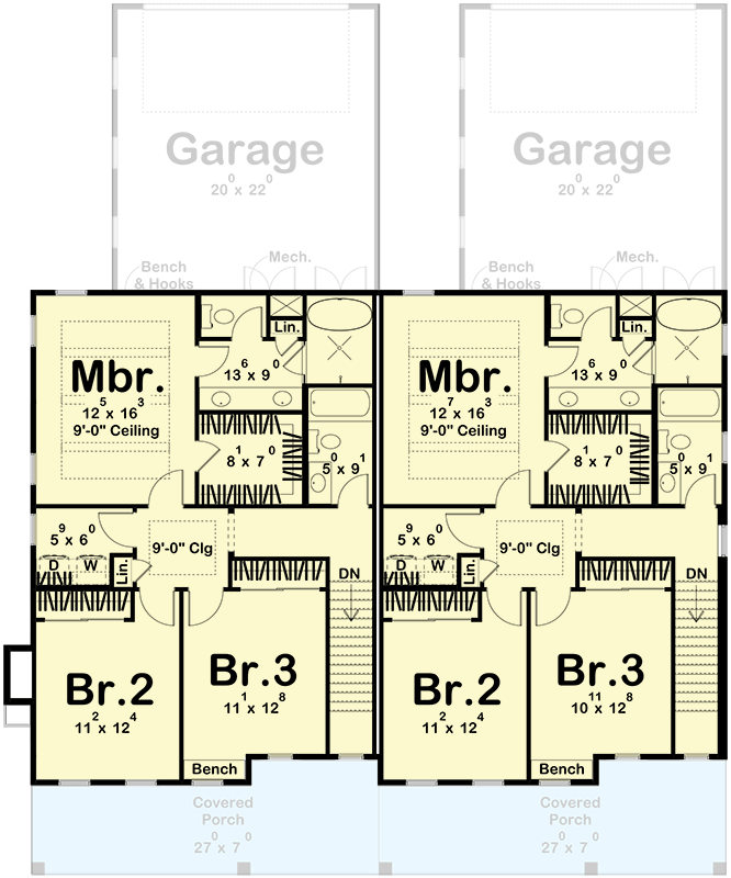 Plan 623677DJ: Modern Farmhouse Duplex House Plan with Three Bedrooms and Attached Garages - Floor Plan - - Modern Farmhouse, New American