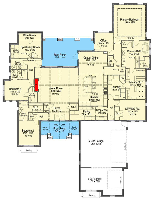 Plan 54077LK: Craftsman Hill Country House Plan with Three Bedrooms and Flex Room - Floor Plan -  - Craftsman, Farmhouse, Hill Country