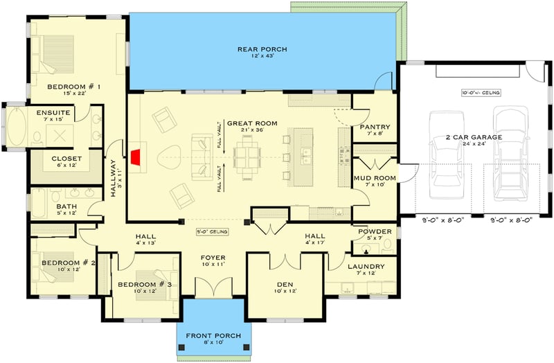 Plan 147078RML: Spacious Craftsman Farmhouse House Plan with Three Bedrooms and Den - Floor Plan - - Country, Craftsman, Farmhouse