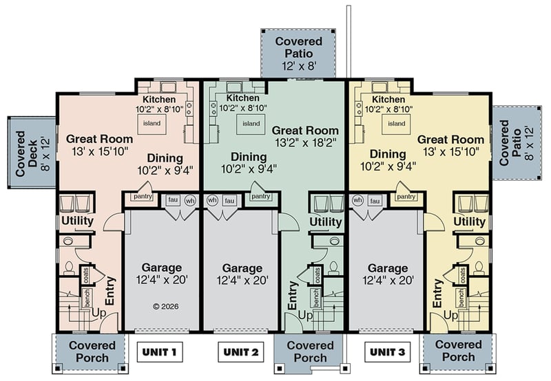 Plan 720201DA: Contemporary Three Bedroom Multi-Family House Plan with Attached Garages - Floor Plan - Main Level - Contemporary, Country, Craftsman, Traditional