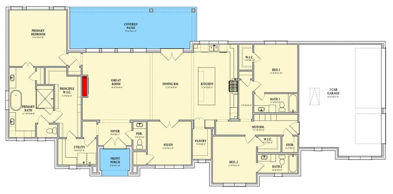Plan 440054PWL: Transitional Style House Plan with 3 Bedrooms and Split Floor Plan - Floor Plan - - European, Transitional