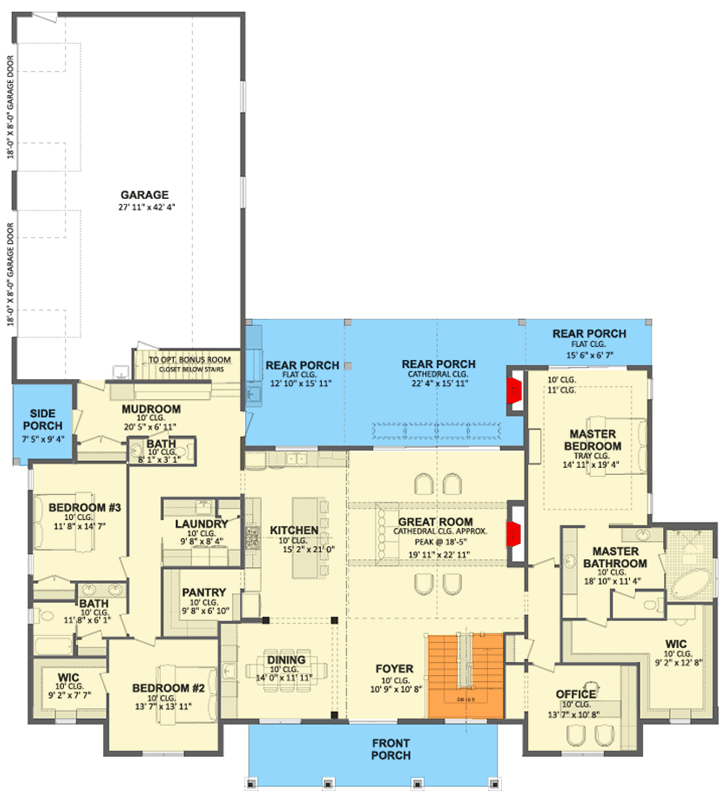 Plan 911080JVD: Spacious Modern Farmhouse House Plan with Three Bedrooms and Large Garage - Floor Plan - Main Level - Country, Craftsman, Farmhouse, Modern Farmhouse, New American