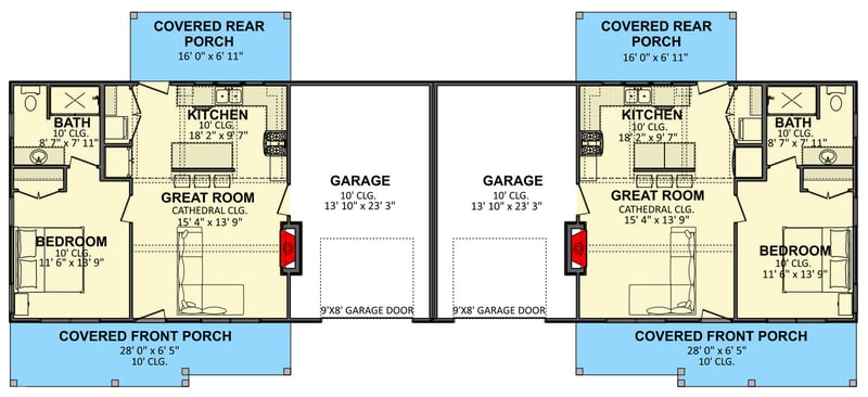 Plan 911081JVD: Two-Unit Farmhouse House Plan with Two-Car Garage - Floor Plan - - Country, Farmhouse, New American, Ranch