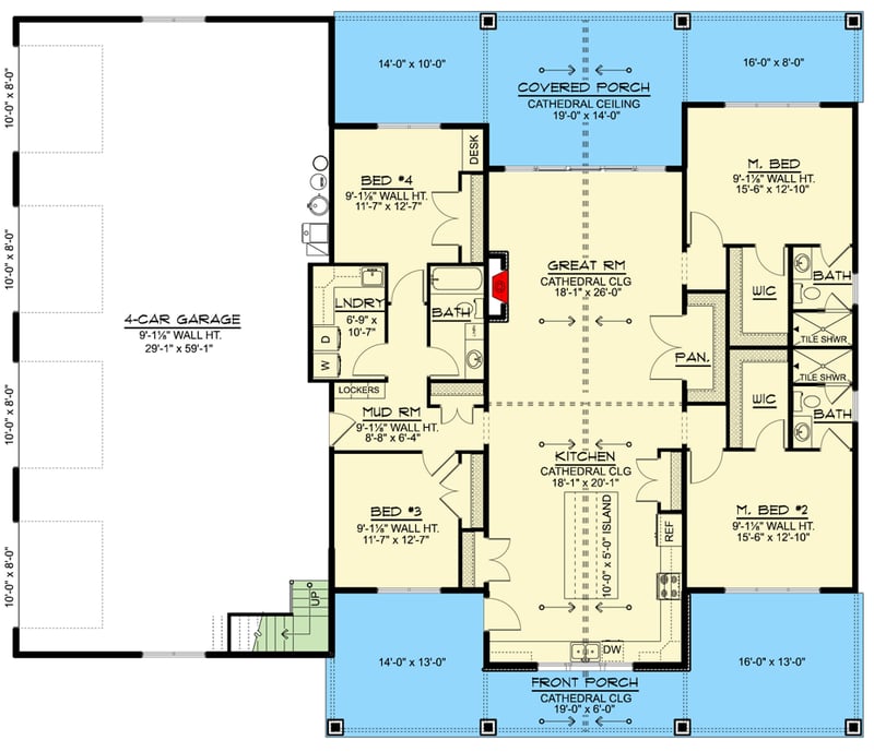 Plan 135477GRA: Modern Farmhouse House Plan with Four Bedrooms and Attached Four-Car Garage - Floor Plan - Main Level - Country, Craftsman, Farmhouse, Modern Farmhouse, New American
