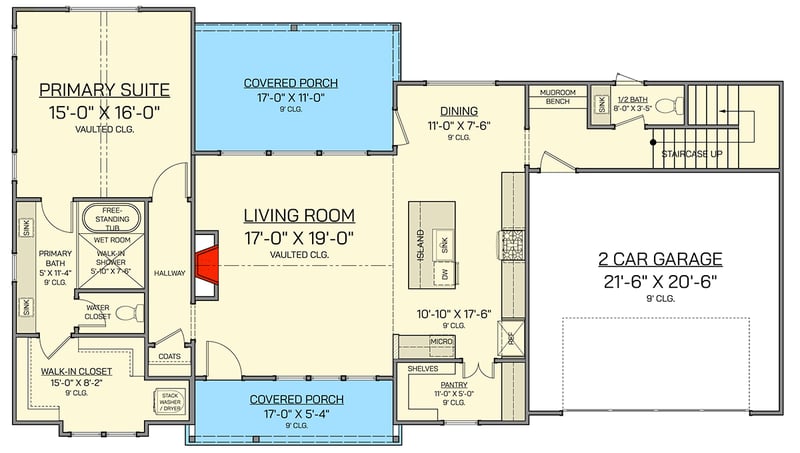 Plan 820023WSF: Transitional Farmhouse House Plan with 3 Bedrooms and Vaulted Ceilings - Floor Plan - - Contemporary, Hill Country, Modern Farmhouse, Transitional