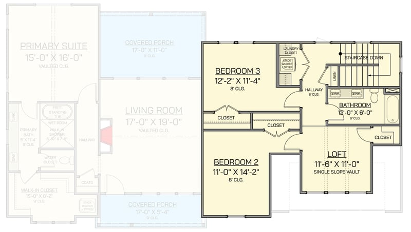Plan 820023WSF: Transitional Farmhouse House Plan with 3 Bedrooms and Vaulted Ceilings - Floor Plan - - Contemporary, Hill Country, Modern Farmhouse, Transitional