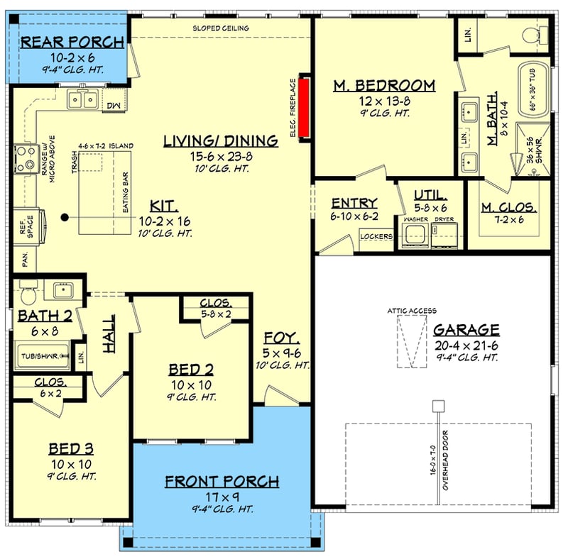 Plan 52061HZ: Modern Farmhouse House Plan with 3 Bedrooms and 1400 Square Feet - Floor Plan - - Country, Modern Farmhouse, Traditional