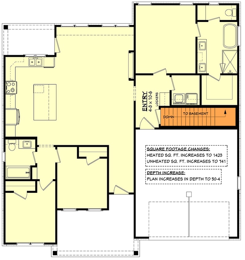 Plan 52061HZ: Modern Farmhouse House Plan with 3 Bedrooms and 1400 Square Feet - Floor Plan - Basement Stairs Location - Country, Modern Farmhouse, Traditional
