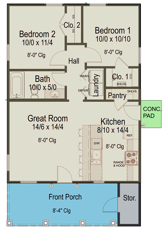 Plan 46542LK: Charming Two Bedroom Cottage Style House Plan with Inviting Front Porch - Floor Plan - - Cabin, Cottage, French Country, Southern