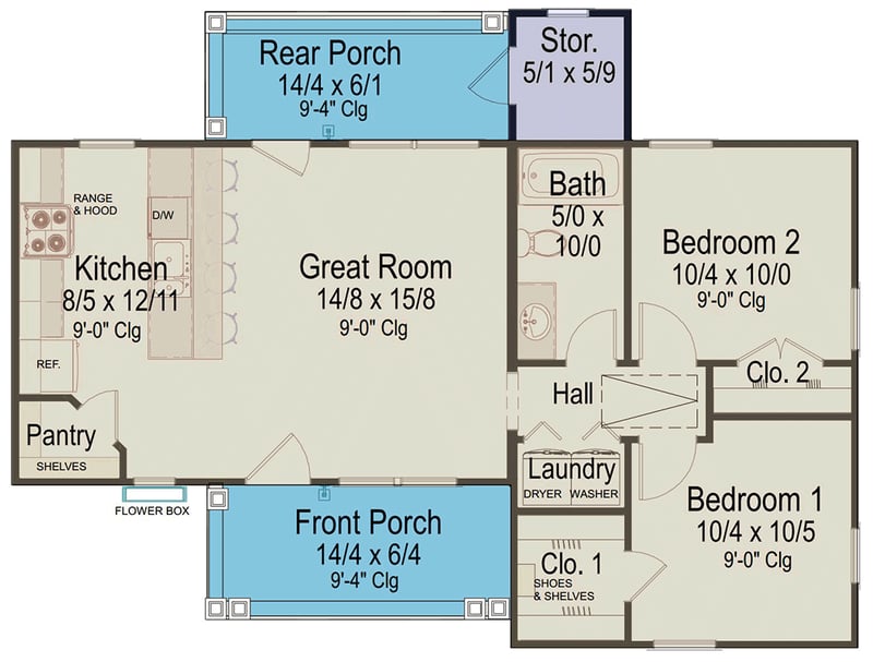 Plan 54081LK: 2-Bedroom New American Cottage Plan with Covered Front and Rear Porches - Floor Plan - - Cottage, New American, Ranch, Traditional