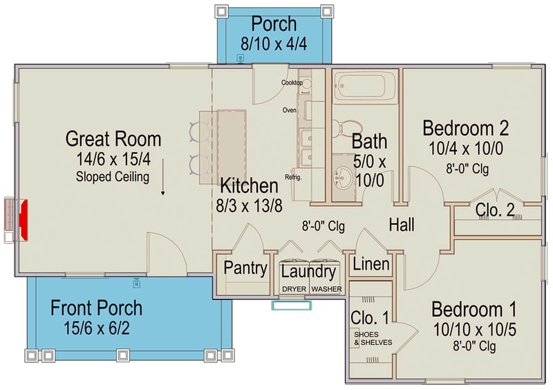 Plan 54082LK: Modern Two Bedroom Cabin House Plan with Charming Front Porch - Floor Plan - - Cabin, Cottage, Modern, Ranch
