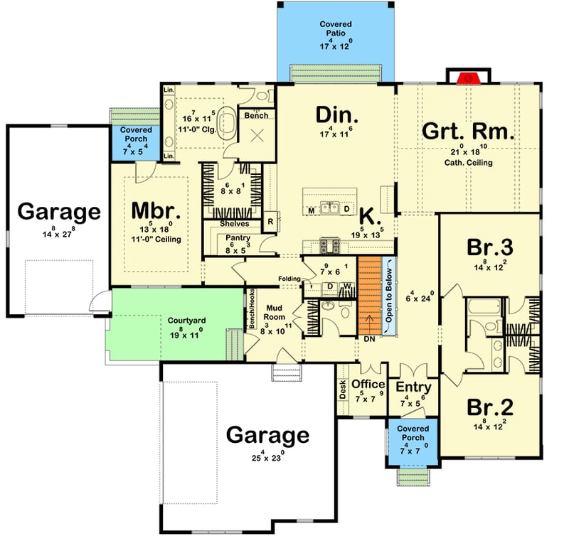 Plan 623680DJ: Modern Transitional House Plan with 3 Bedrooms and Courtyard - Floor Plan -  - European, Modern, Transitional