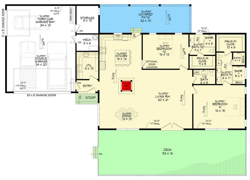 Plan 680709VR: Mid Century Modern Ranch House Plan with Two Primary Suites - Floor Plan -  - Mid Century Modern, Modern, Ranch, Vacation