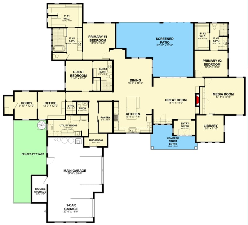 Plan 307754RAD: Modern Single Story House Plan with Three Bedrooms and Three-Car Garage - Floor Plan -  - Hill Country, Modern, Ranch