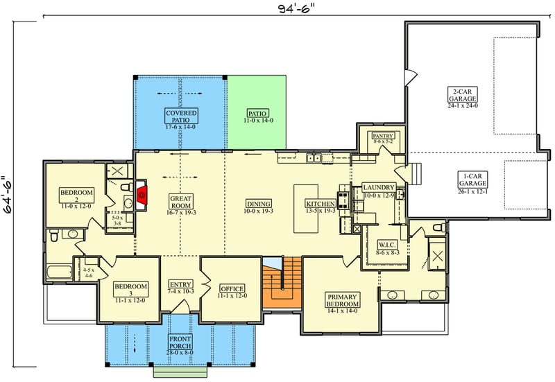 Plan 95395RW: Modern Farmhouse Ranch House Plan with 3 Bedrooms and 3-Car Garage - Floor Plan - - Farmhouse, Modern Farmhouse, Ranch