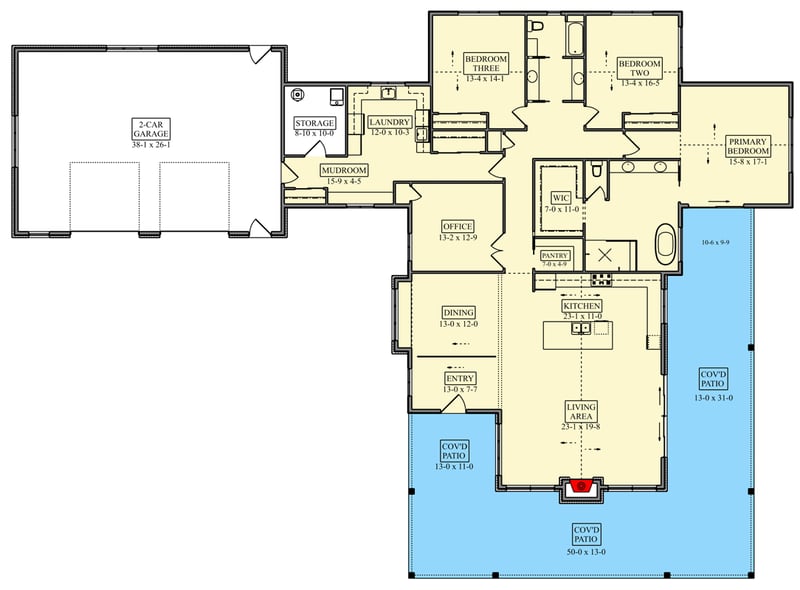 Plan 95406RW: Rustic Mountain Ranch House Plan with Wraparound Porch and Three Bedrooms - Floor Plan -  - Farmhouse, Mountain, Ranch, Rustic