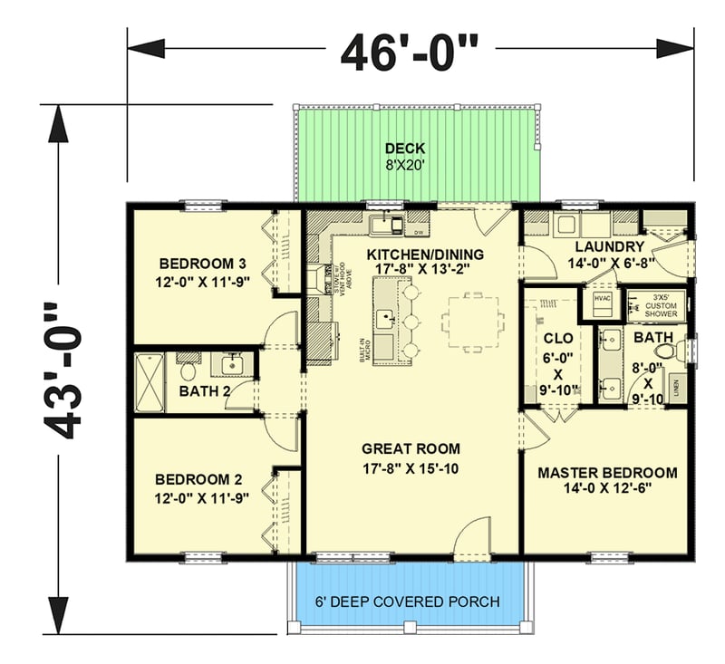 Plan 25090DH: Charming 3-Bedroom Cabin House Plan with Open Living and Covered Porches - Floor Plan - - Cabin, Country, Craftsman, Mountain