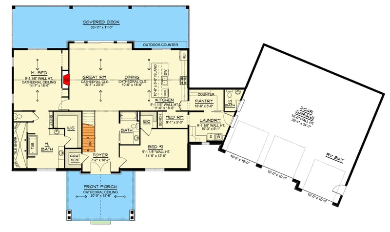 Plan 135480GRA: Modern Craftsman House Plan Featuring Two Bedrooms and Expansive Garage Space - Floor Plan - Main Level - Country, Craftsman, Farmhouse, Mountain, New American, Rustic
