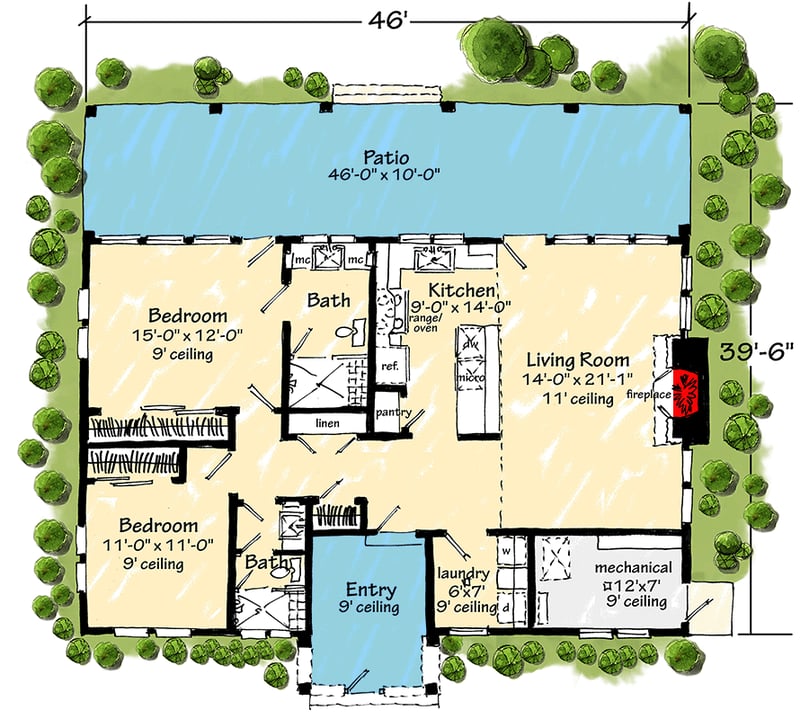 Plan 12982KN: Charming Two Bedroom Craftsman Cottage House Plan with Expansive Rear Patio - Floor Plan - - Cabin, Country, Craftsman