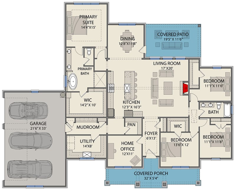 Plan 25458TF: New American Farmhouse House Plan with Four Bedrooms and Three-Car Garage - Floor Plan - - Craftsman, Modern Farmhouse, New American