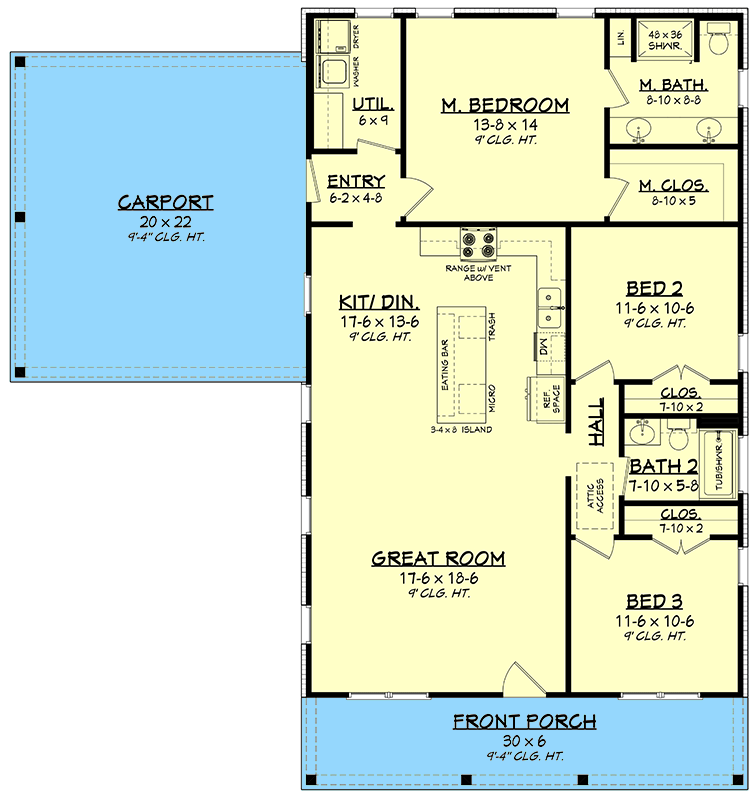 Plan 52063HZ: Charming Three Bedroom Modern Farmhouse House Plan with Attached Carport - Floor Plan - - Country, Modern Farmhouse, Traditional