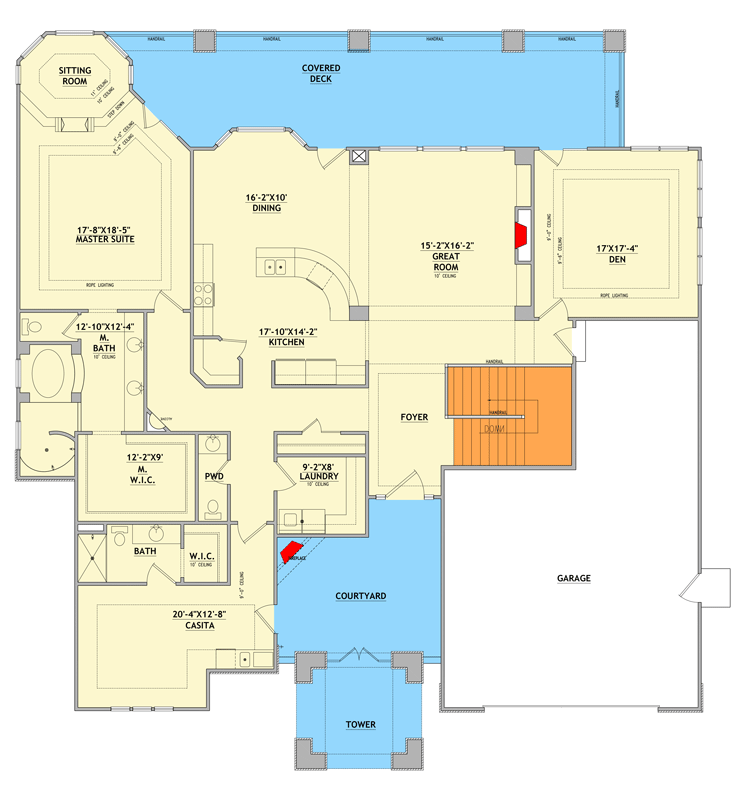 Plan 849185PGE: Mediterranean House Plan with Courtyard, Home Theater, and 5,921 Square Feet - Floor Plan - Main Level - Mediterranean, Southwest, Tuscan