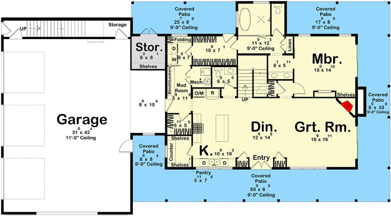Plan 623687DJ: Spacious Five Bedroom Barndominium House Plan with Expansive Wraparound Porch - Floor Plan -  - Barndominium, Farmhouse