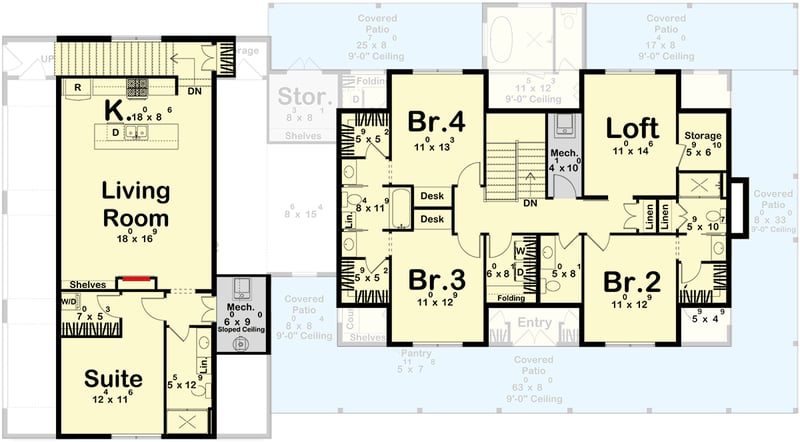 Plan 623687DJ: Spacious Five Bedroom Barndominium House Plan with Expansive Wraparound Porch - Floor Plan -  - Barndominium, Farmhouse