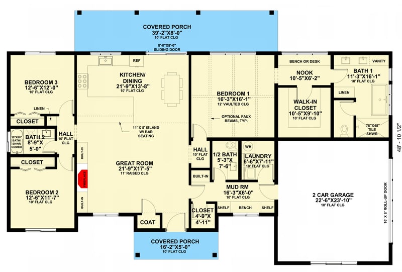 Plan 421055HFC: Modern Farmhouse Hill Country House Plan with Three Bedrooms - Floor Plan - - Hill Country, Modern Farmhouse