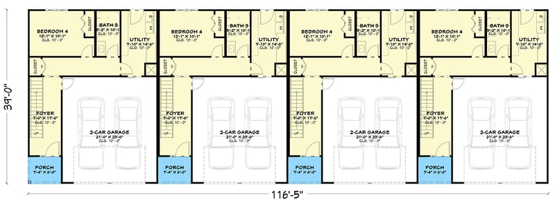 Plan 850059PKE: Modern Quadplex House Plan with Four Spacious Units and Garages - Floor Plan - - Modern, Northwest