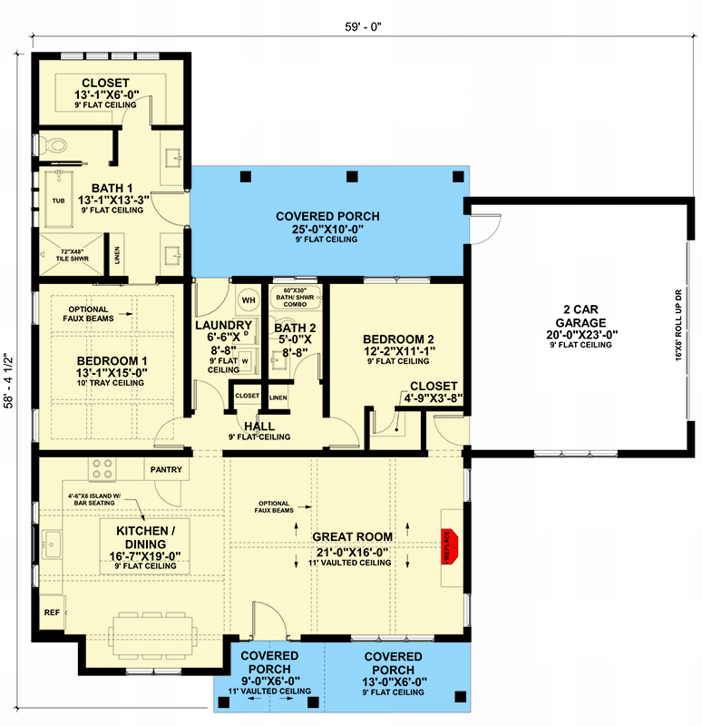 Plan 420219WNT: Modern Farmhouse House Plan with Split Bedrooms and Covered Porches - Floor Plan - - Farmhouse, Modern, Modern Farmhouse, New American
