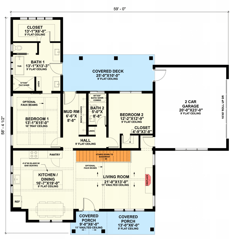 Plan 420219WNT: Modern Farmhouse House Plan with Split Bedrooms and Covered Porches - Floor Plan - Basement Stairs Location - Farmhouse, Modern, Modern Farmhouse, New American