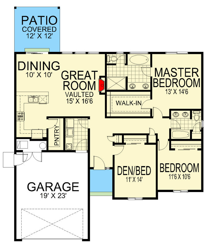 Plan 267128SPK: 1,600 Sq Ft Craftsman Rancher with Tray Ceiling Great Room and Covered Patio - Floor Plan - - Craftsman, Modern Farmhouse, Ranch, Traditional