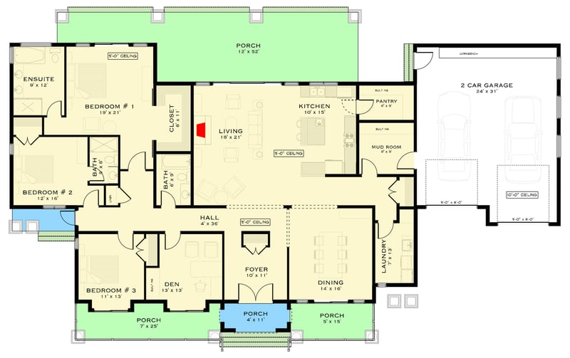 Plan 147080RML: Transitional Modern House Plan with Three Bedrooms and Front-Entry Garage - Floor Plan - - Country, Mid Century Modern, New American, Transitional