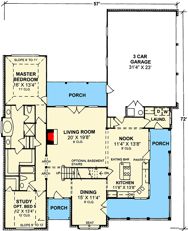 Plan 40133WM: 4-Bed Country Home Plan with Porch Off The Dining Room - 3098 Sq Ft - Floor Plan - Main Level - Country, Farmhouse, Traditional