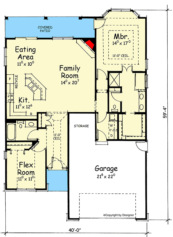 Plan 40543DB: Traditional Ranch House Plan with 2 Bedrooms and a Flex Room - Floor Plan - Main Level - Ranch, Traditional