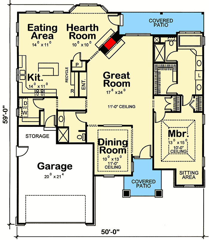 Plan 41016DB: One Story House Plan with 2-Sided Fireplace - Floor Plan - Main Level - Traditional
