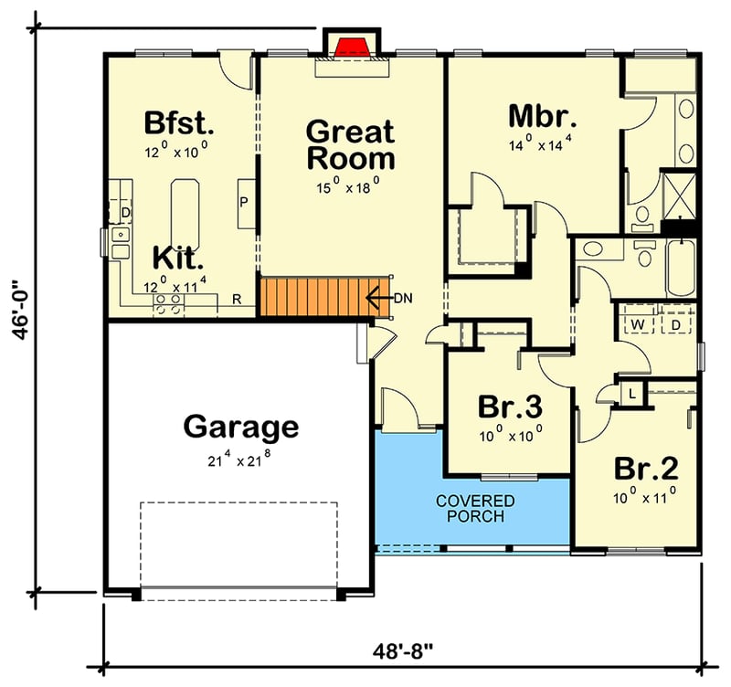 Plan 41020DB: 3-Bedroom Traditional Ranch House Plan with Brick Exterior - Floor Plan - Main Level - Ranch, Traditional
