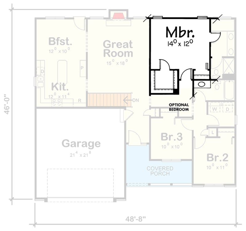 Plan 41020DB: 3-Bedroom Traditional Ranch House Plan with Brick Exterior - Floor Plan - Optional Master Bedroom Layout - Ranch, Traditional