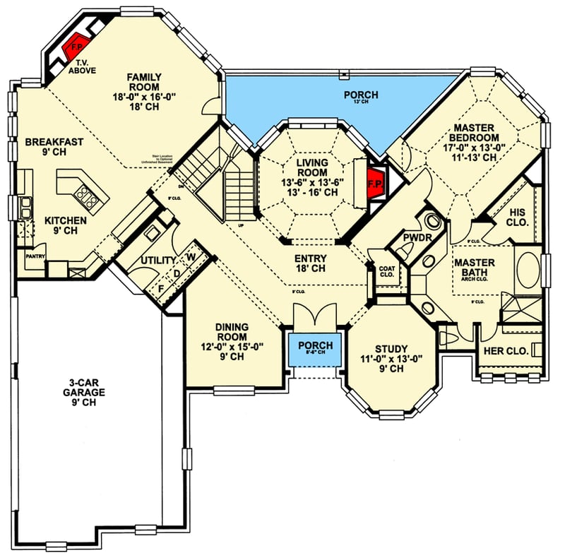 Plan 4184DB: 2-Story House Plan with Upper-Level Porch - 3094 Sq Ft - Floor Plan - Main Level - European, Traditional