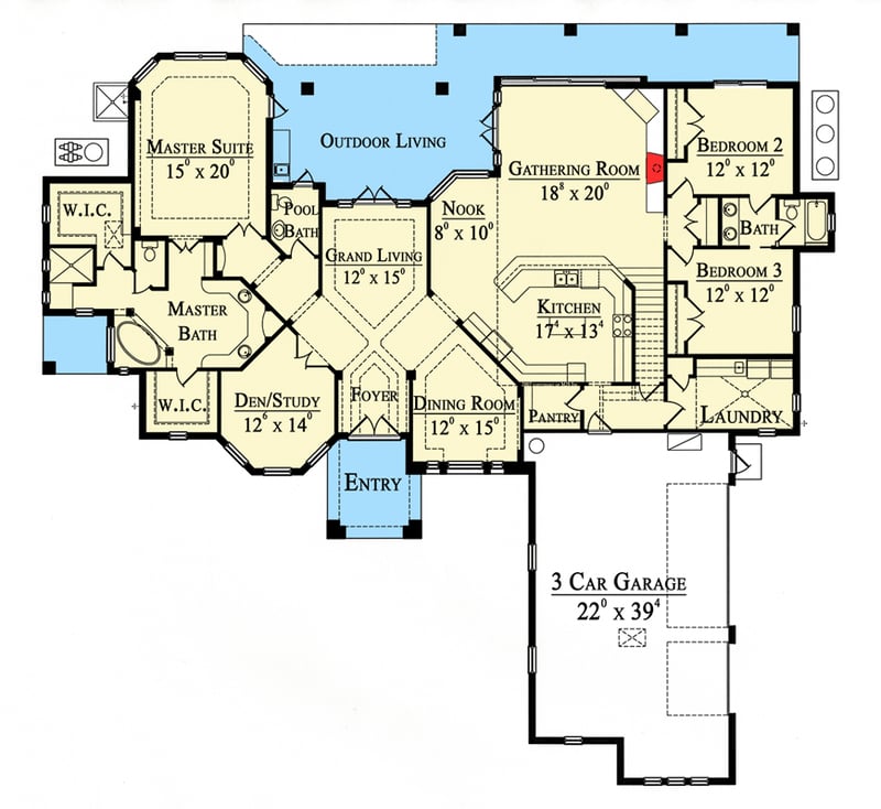 Plan 42028MJ: Spanish-Style House Plan with Great Outdoor Living Space and Bonus Expansion - Floor Plan - Main Level - European, Florida-Style, Mediterranean, Spanish