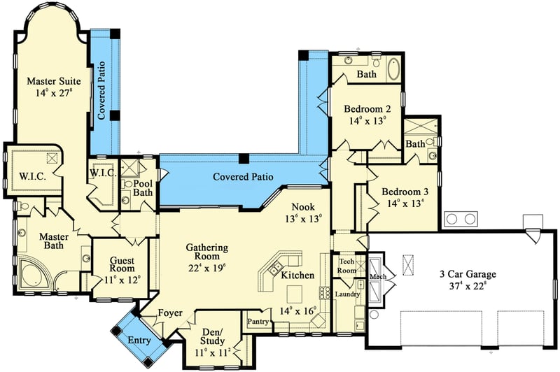 Plan 42064MJ: Unique Angled Entry - Floor Plan - Main Level - Florida-Style, Mediterranean, Spanish